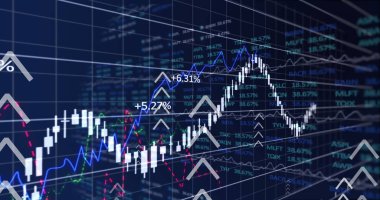 Finansal veri işleme üzerindeki oklar. küresel iş, finans ve dijital arayüz kavramı dijital olarak oluşturulmuş görüntü.