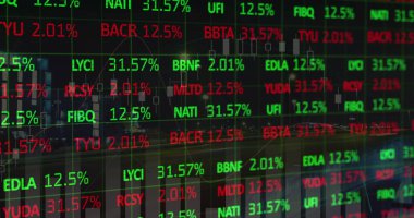 Image of statistics and financial data processing over cityscape. global finances, business and data processing concept digitally generated image.