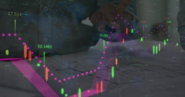 Image of statistics and financial data processing over architect with plans in meeting. architecture, business and data processing concept digitally generated image.