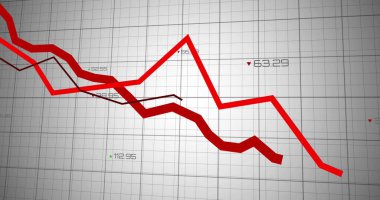 Image of red lines and financial data processing over grid. global business, digital interface and technology concept digitally generated image.