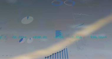 Beyaz arka planda istatistik ve finansal veri işleme resimleri. küresel iş, finans ve dijital arayüz kavramı dijital olarak oluşturulmuş görüntü.
