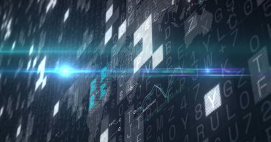 Karanlık arka plandaki veri işleme üzerinden finansal grafik. küresel bağlantılar, iş dünyası, dijital arayüz, teknoloji ve ağ konsepti dijital olarak oluşturulmuş görüntü.