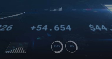 Mavi arka planda istatistik ve finansal veri işleme resmi. küresel iş, finans ve dijital arayüz kavramı dijital olarak oluşturulmuş görüntü.