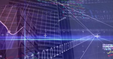 Image of statistics, binary coding and financial data processing over grid. global business, finances, connections and data processing concept digitally generated image.