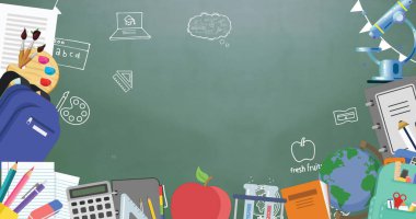 Yeşil arkaplandaki okul ögeleri simgeleri üzerinden mutlu yedek metin resmi. okul ve eğitim kavramı dijital olarak oluşturulmuş imaj.