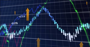 Finansal veri işleme üzerindeki oklar. küresel iş, finans ve dijital arayüz kavramı dijital olarak oluşturulmuş görüntü.