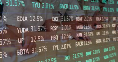 Image of financial data processing over business people in meeting. global business and data processing concept digitally generated image.