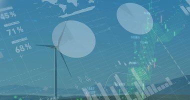 Image of financial data processing over wind turbine. global environment, ecology, finances, business, digital interface and technology concept digitally generated image.