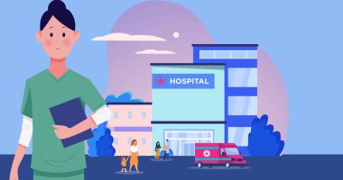 Image of doctor and hospital icon moving on purple background. flu, sickness, virus and vaccination concept digitally generated image.