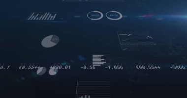 Mavi arka planda istatistik ve finansal veri işleme resmi. küresel iş, finans ve dijital arayüz kavramı dijital olarak oluşturulmuş görüntü.
