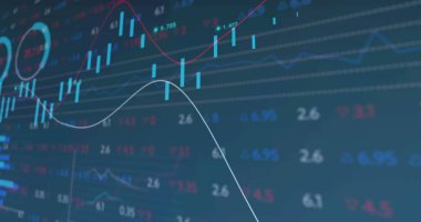 Mavi arka planda istatistik ve finansal veri işleme resmi. küresel iş, finans ve dijital arayüz kavramı dijital olarak oluşturulmuş görüntü.
