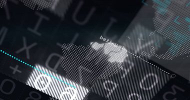 Karanlık arka plandaki veri işleme üzerinden finansal grafik. küresel bağlantılar, iş dünyası, dijital arayüz, teknoloji ve ağ konsepti dijital olarak oluşturulmuş görüntü.