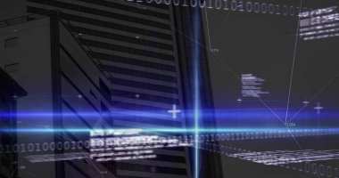 Image of statistics, binary coding and financial data processing over grid. global business, finances, connections and data processing concept digitally generated image.