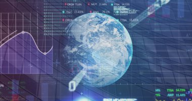 Image of statistics and financial data processing over globe. global business, finances, connections and data processing concept digitally generated image.