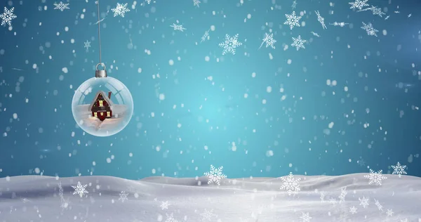 Image Snow Falling Christmas Decoration Bauble Christmas Tradition Celebration Concept — Fotografia de Stock