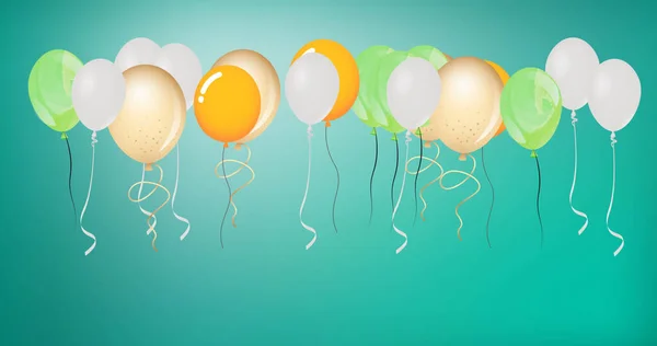 彩色气球在绿色背景上跳跃的图像 派对和庆祝的概念数字生成的图像 — 图库照片