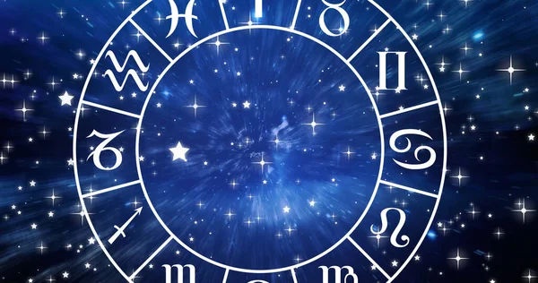 青い空の星の上に星座の回転ホイールの中の処女星のサインの画像 占星術と星図の概念デジタル生成された画像 — ストック写真