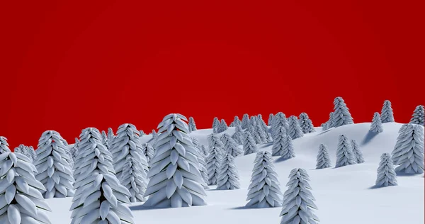 Image Snow Falling Fir Trees Red Background Christmas Winter Tradition — Stockfoto