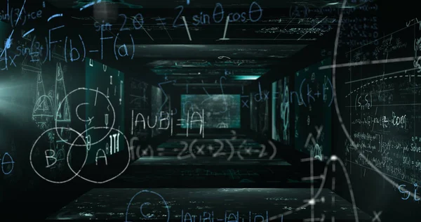 画面上のデータ処理と数式のイメージ 地球規模の科学 データ処理 テクノロジーと接続の概念デジタルで生成された画像 — ストック写真