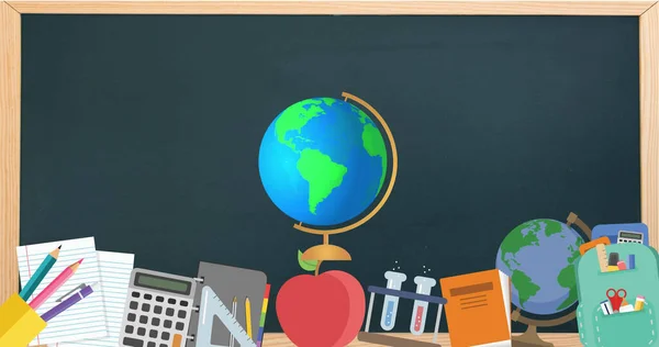 黒いボード上の複数の学校の概念のアイコン上に球体アイコンを回転させるデジタル画像 学校や教育の概念に戻り — ストック写真