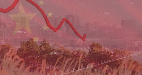 Imagen Bandera China Procesamiento Datos Financieros Sobre Paisaje Urbano Economía —  Fotos de Stock