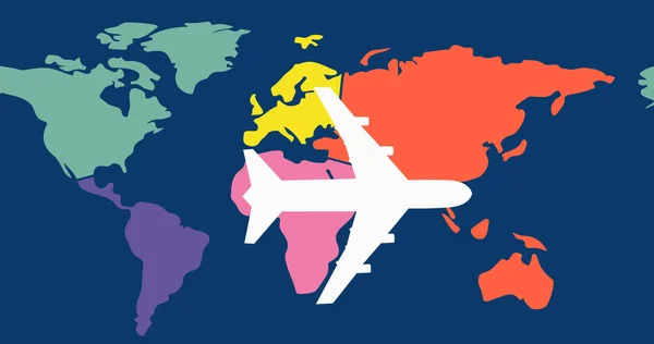 Image White Airplane Flying Multi Coloured World Map Dark Blue — 图库照片