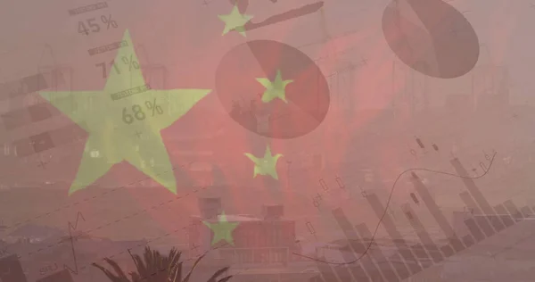 Изображение Флага Китая Обработки Финансовых Данных Над Городским Пейзажем Китайская — стоковое фото