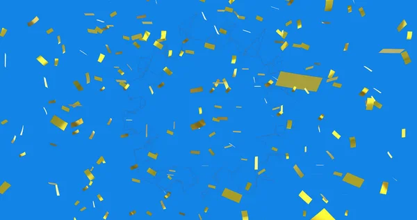 Digital Image Golden Confetti Falling Abstract Geometric Shapes Blue Background — Stockfoto