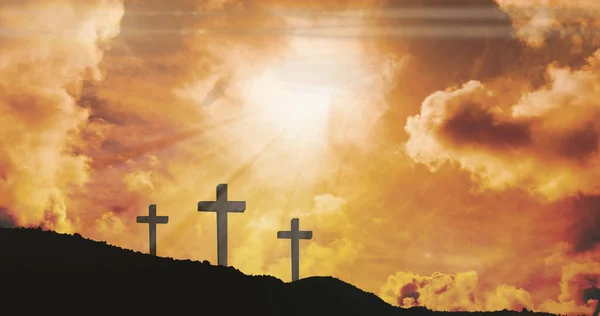 Image Three Christian Crosses Glowing Sun Rays Orange Sky Easter — ストック写真
