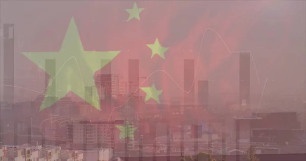 Immagine Bandiera Della Cina Elaborazione Dei Dati Finanziari Paesaggio Urbano — Foto Stock