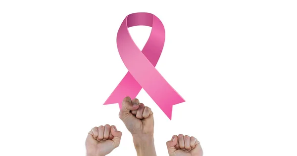 Obraz Logo Różowej Wstążki Podniesionych Pięściach Koncepcja Kampanii Informacyjnej Temat — Zdjęcie stockowe