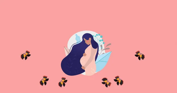 妊娠中の女性の姿とピンクの背景に浮かぶ黄色と黒の蝶の画像 母子健康の概念 デジタルで生成されたイメージ — ストック写真