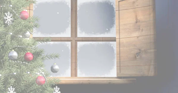 Image Christmas Tree Winter Snowy Window Christmas Tradition Celebration Concept — Stock Fotó