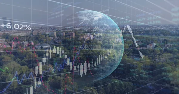 Image Social Media Icons Financial Data Processing Globe Cityscape Global — Stok fotoğraf