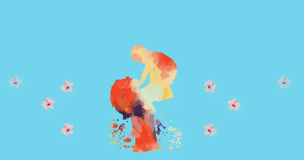 Image Painterly Figure Mother Lifting Baby Pink Flowers Floating Blue — 图库照片