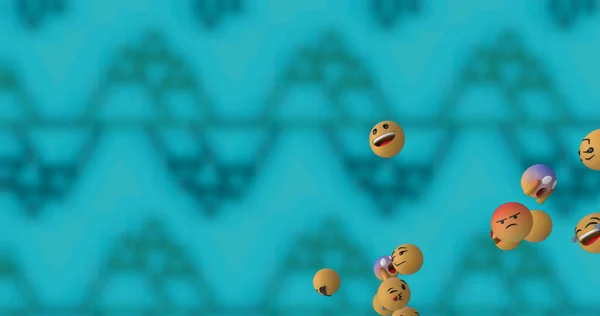 Image Social Media Emoji Icons Flying Patterned Blue Background Global — стоковое фото