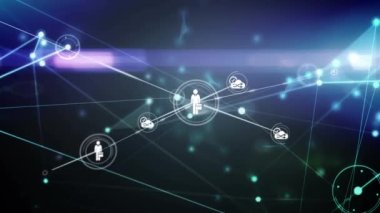 Siyah arkaplandaki simgelerle bağlantı ağlarının animasyonu. küresel bağlantılar, dijital arayüz ve teknoloji konsepti dijital olarak oluşturulmuş video.