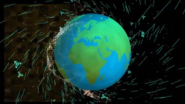 Animation of digital brain over globe and green shapes on black background. 