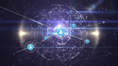 Siyah arkaplandaki dünya üzerindeki simgelerle bağlantı ağlarının animasyonu. küresel bağlantılar, dijital arayüz ve teknoloji konsepti dijital olarak oluşturulmuş video.