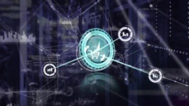 Animation of network of connection with icons and clock over server room. global connections, business, digital interface, technology and networking concept digitally generated video.
