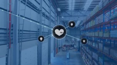Boş deponun üzerindeki simgelerle bağlantı ağlarının animasyonu. küresel sevkiyat, dağıtım ve bağlantılar konsepti dijital olarak oluşturulmuş video.