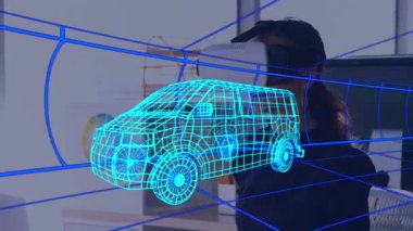 VR kulaklık kullanan bir kadının üzerine dijital 3D araba çizimi animasyonu. küresel mühendislik, araba tasarımı, bağlantılar ve dijital arayüz konsepti dijital olarak oluşturulmuş video.