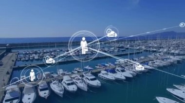 Liman limanının hava görüntüsüne karşı dijital simge ağı. küresel ağ ve lojistik iş konsepti