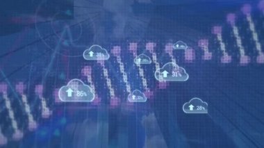 Animation of clouds with numbers and dna chains over graphs and data on blue background.