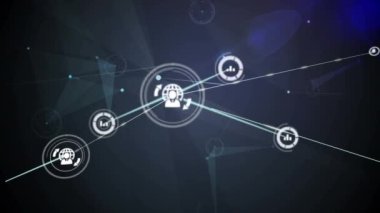 Siyah arkaplandaki simgelerle bağlantı ağlarının animasyonu. küresel bağlantılar, dijital arayüz ve teknoloji konsepti dijital olarak oluşturulmuş video.