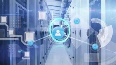 Animation of network of connection with icons and clock over server room. global connections, business, digital interface, technology and networking concept digitally generated video.