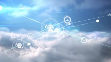 Animation of networks of connections with icons over sky with clouds. global connections, digital interface and technology concept digitally generated video.