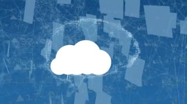 Animation of clouds with technology icons over brain and data on blue background.