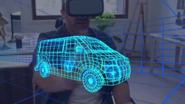 VR kulaklık kullanan adamın üzerine dijital 3D araba çizimi animasyonu. küresel mühendislik, araba tasarımı, bağlantılar ve dijital arayüz konsepti dijital olarak oluşturulmuş video.