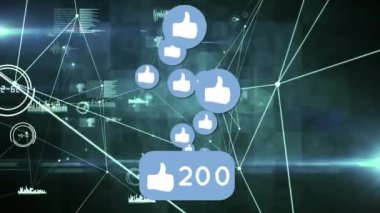 Animation of social media icons with number growing over networks of connections.